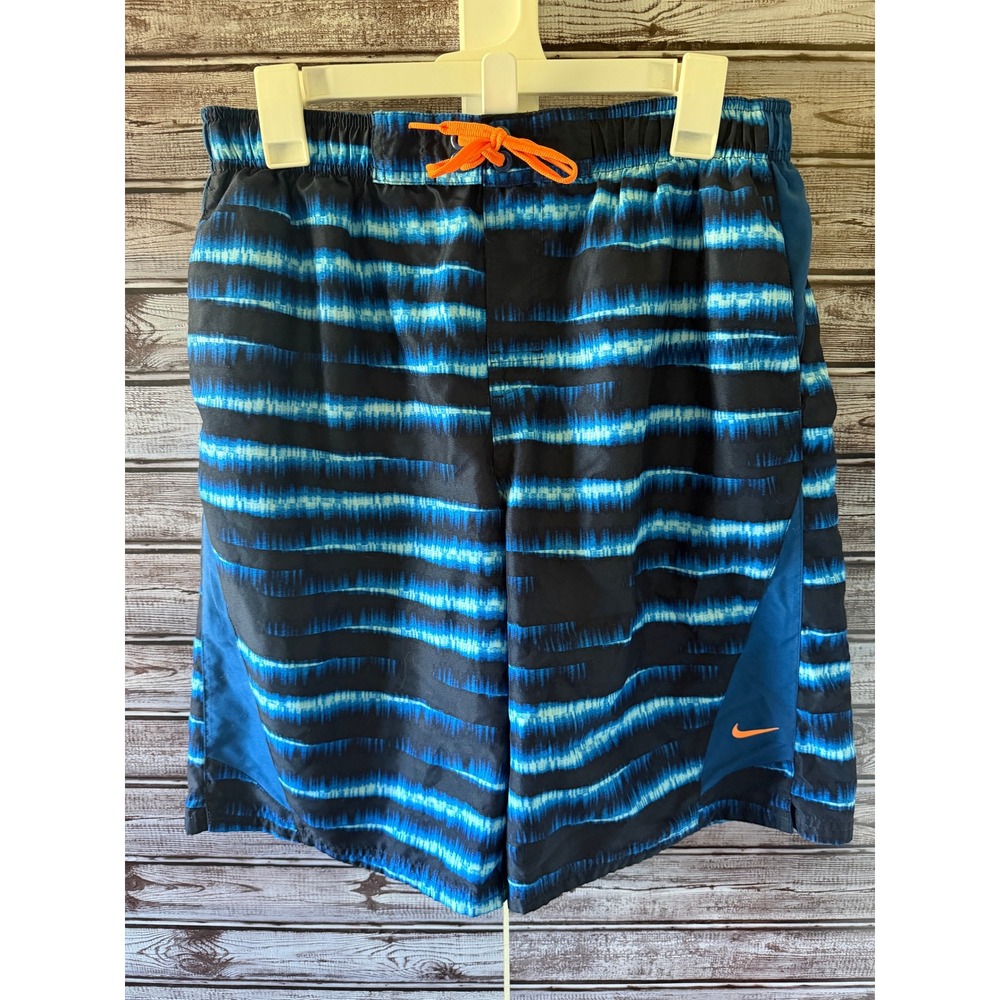 Nike Mens Swim Trunks Blue Black Tie Dye Striped Mesh Lined Board Shorts Size M